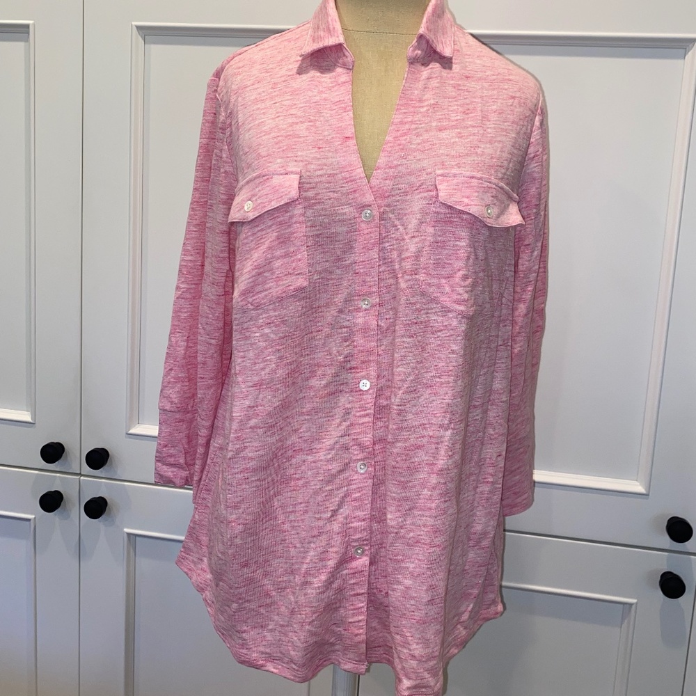J. McLaughlin Button-down V-neck Top, Heathered Pink, Size L